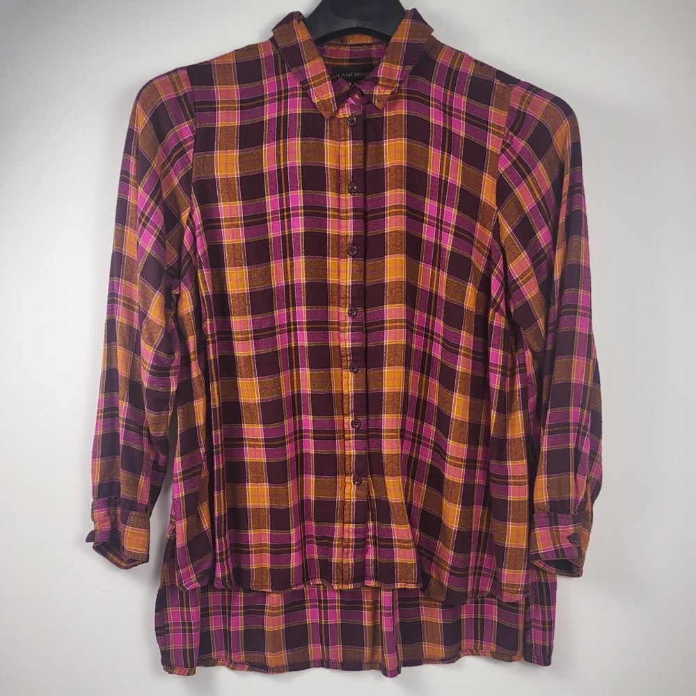 Lane Bryant Women's 14/16 Blouse Top Long Sleeve Pink Plaid Rayon Button Down